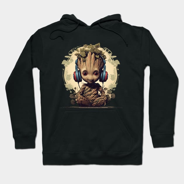 Baby Groot with Headphones Hoodie by DavidLoblaw